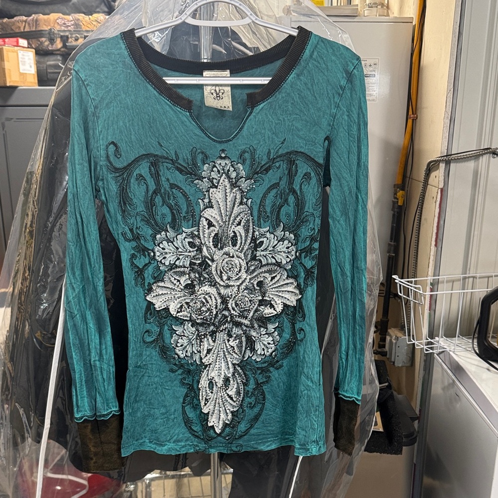 Vocal Teal Long-Sleeve Embellished Women's Top